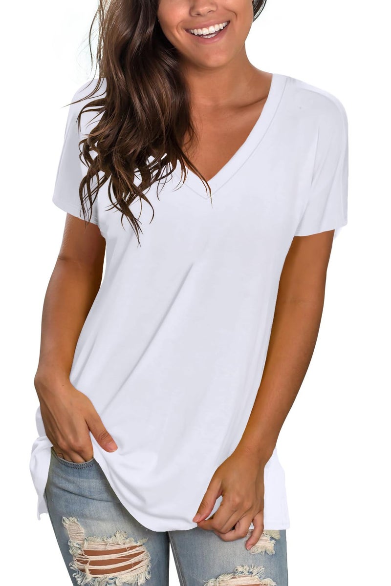 Sipaya Sexy Summer V Neck T Shirts for Women Short Sleeve Loose Fitting Tops for Leggings White S - Image 1